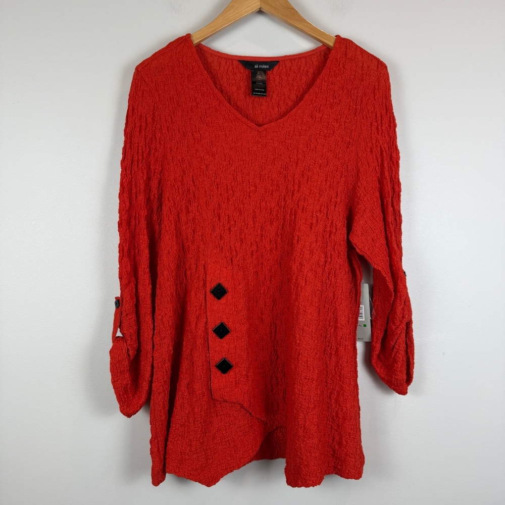 Ali Miles Textured Wearable Art Top L Petite Orange Asymmetric Blouse Tunic NWT‎